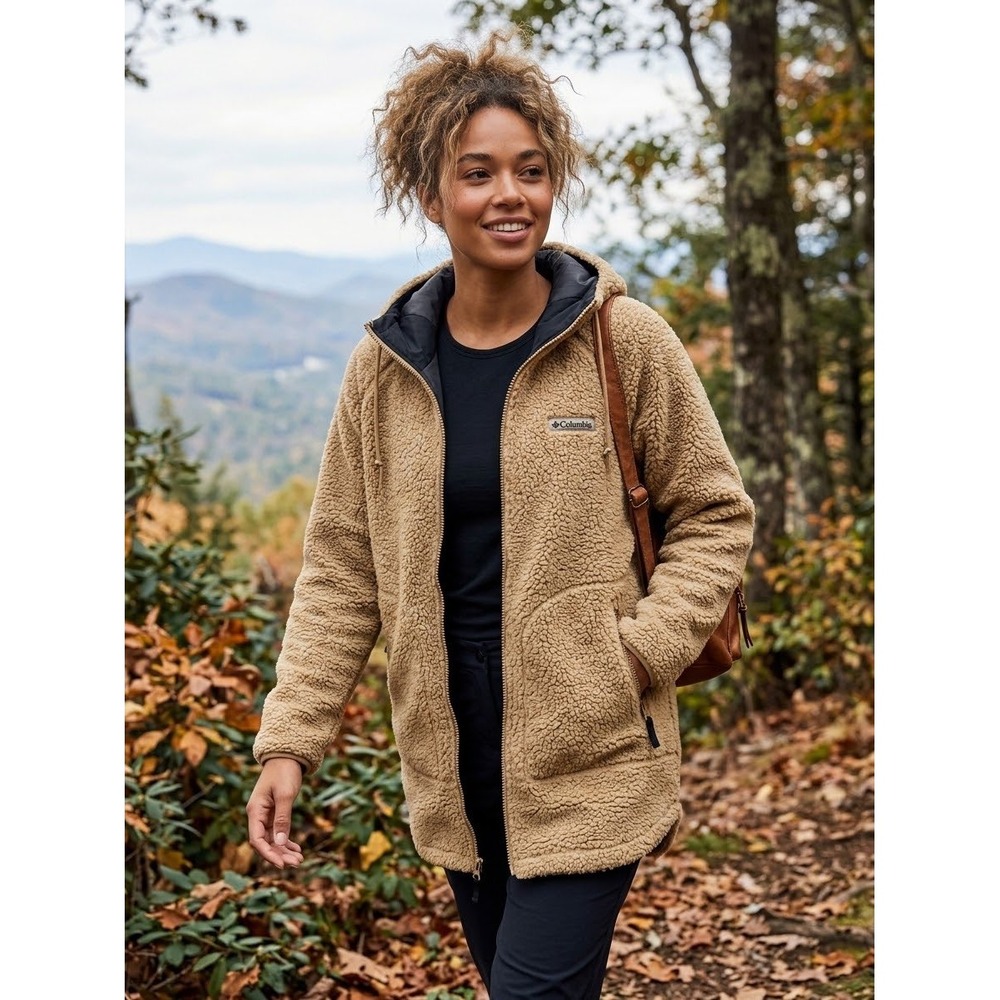 Columbia Panorama Long Jacket Sherpa Fleece Hooded Tan Zip Up Women's Medium